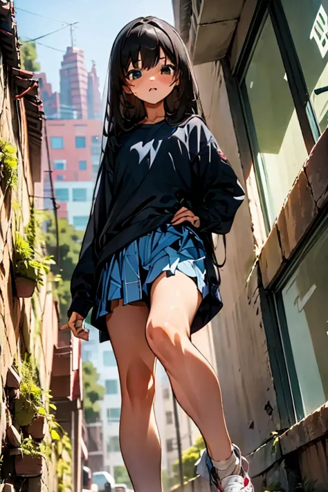 girl with long black hair, girl taller than the building, casual clothes, cute face, brown eyes, girl raising one of her legs, t...