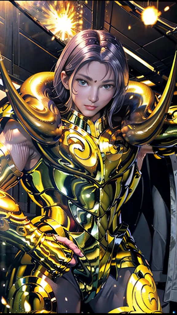 Super high saturation（masterpiece）， Full body image，（Best quality）， （1 man），purple hair,  Wearing shining golden armor， Sexy lingerie type armor，Show your breasts，Expose the waistline，Show your thighs，cool pose， Saint Seiya Armor， Messy hair，High Detail, anime style, Movie Lighting, spark, Divine Light, Ray Tracing, Film Grain, Ultra HD, textured skin, Super Detail, anatomically correct, high resolution，Super high saturation，High contrast，high gloss armor，Smooth skin，a sinister sneer，Realistically，（masterpiece，Top quantity，Best quality，official art，Beauty and aesthetics：1.2），Very detailed，Fractal art，Colorful