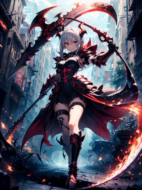 (((masterpiece, best quality, 16k))) female character with long white hair and piercing red eyes. she wears a demonic armor in p...