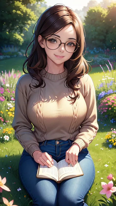 a nerdy girl, short wavy brown hair, glasses, freckles, cute smile, sweater, jeans, sitting on grass in a garden, reading a book...