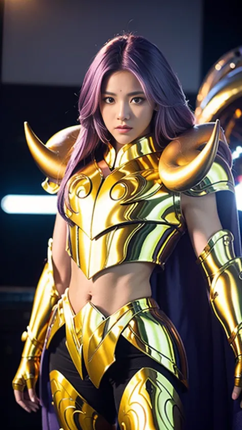 ultra-high saturation（tmasterpiece）， fully body photo，（best qualtiy）， （1man），purple hair,  wearing shiny gold armor， sexy linger...