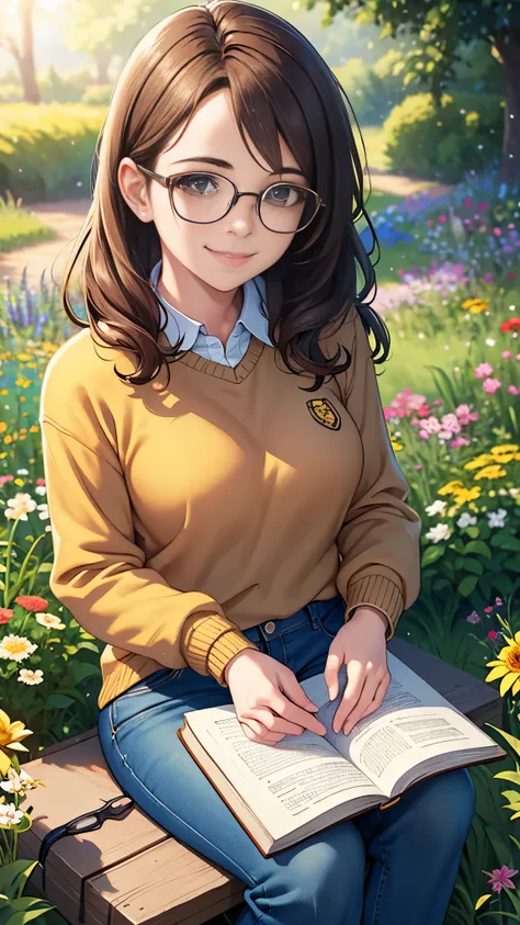 a nerdy girl, short wavy brown hair, glasses, freckles, cute smile, sweater, jeans, sitting on grass in a garden, reading a book...