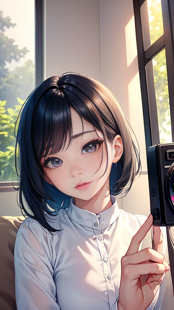 a cute Korean girl streaming on TikTok, beautiful detailed eyes, beautiful detailed lips, extremely detailed face, long eyelashes, stunning facial features, natural skin, youthful and vibrant, holding a phone, filming herself, soft natural lighting, indoor setting, minimalist background, high quality digital art, photorealistic, 8k, hyper detailed, vibrant colors, warm tones