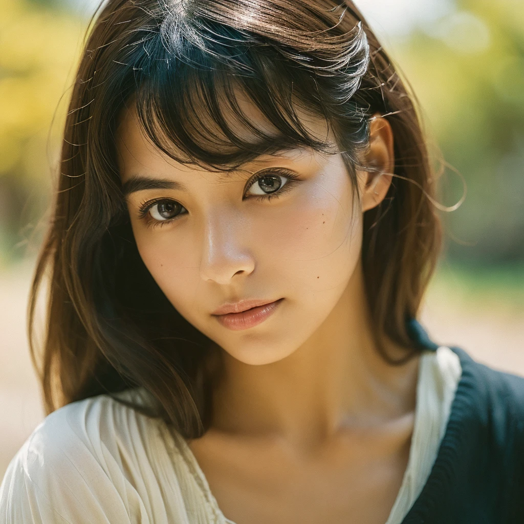 A hyper-realistic image of a single Japanese woman in her early 20s, captured with the nostalgic warmth and subtle graininess of a film camera. Her skin has a warm beige tone with a natural, slightly rough texture that includes visible pores, fine lines, and subtle imperfections such as small blemishes, adding to the authenticity of her appearance. The soft, diffused natural light enhances the film-like quality, casting gentle shadows that create a timeless, organic feel. Her straight, glossy black hair frames her face in a natural, slightly tousled manner, and her deep brown eyes reflect the ambient light, adding depth and emotion. The film camera effect introduces a slight grain and a softer focus, giving the image a warm, nostalgic atmosphere while maintaining the realistic texture of her skin. She is dressed simply, in a way that complements her natural beauty, with the overall composition designed to evoke a sense of genuine, understated elegance. The use of natural light, combined with the deliberately rougher texture of her skin and the film-like qualities, ensures that this image captures the imperfections that make her beauty truly lifelike, focusing solely on this one individual.