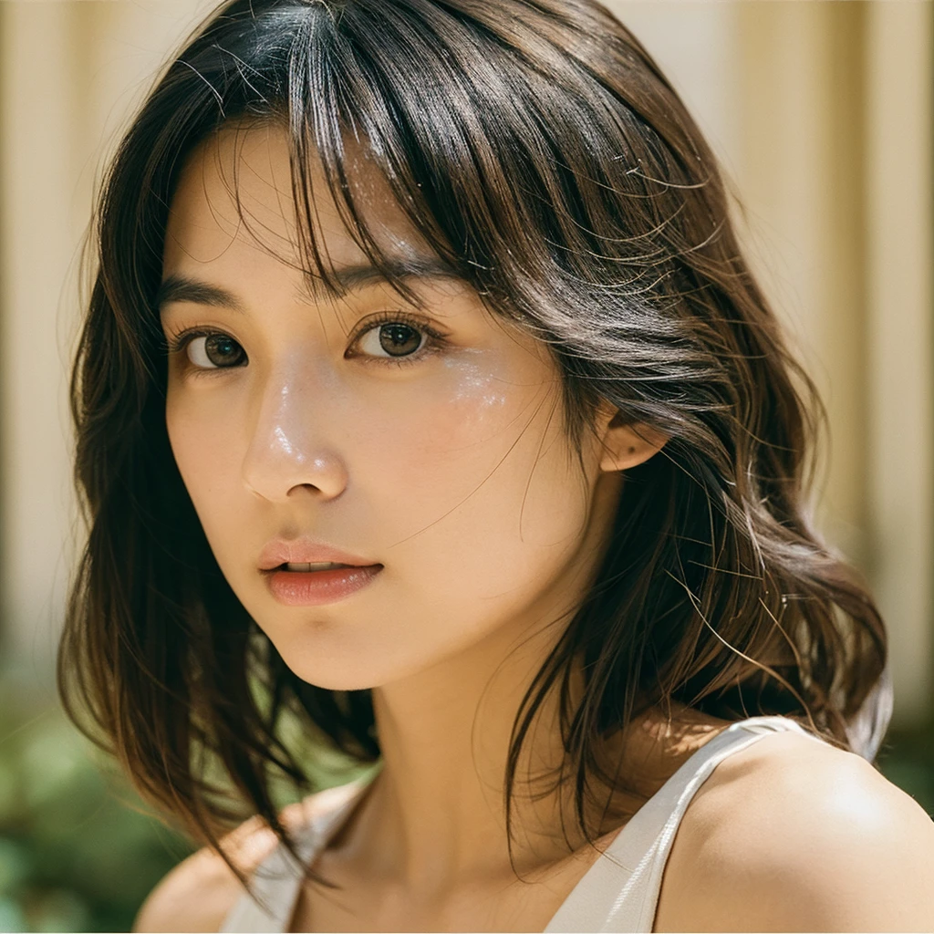 A hyper-realistic image of a single Japanese woman in her early 20s, captured with the nostalgic warmth and subtle graininess of a film camera. Her skin has a warm beige tone with a natural, slightly rough texture that includes visible pores, fine lines, and subtle imperfections such as small blemishes, adding to the authenticity of her appearance. The soft, diffused natural light enhances the film-like quality, casting gentle shadows that create a timeless, organic feel. Her straight, glossy black hair frames her face in a natural, slightly tousled manner, and her deep brown eyes reflect the ambient light, adding depth and emotion. The film camera effect introduces a slight grain and a softer focus, giving the image a warm, nostalgic atmosphere while maintaining the realistic texture of her skin. She is dressed simply, in a way that complements her natural beauty, with the overall composition designed to evoke a sense of genuine, understated elegance. The use of natural light, combined with the deliberately rougher texture of her skin and the film-like qualities, ensures that this image captures the imperfections that make her beauty truly lifelike, focusing solely on this one individual.