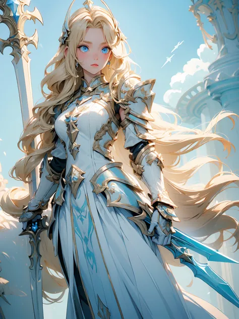 (((masterpiece, best quality, 16k))) female character with long blonde hair and bright blue eyes. she wears a celestial armor in...