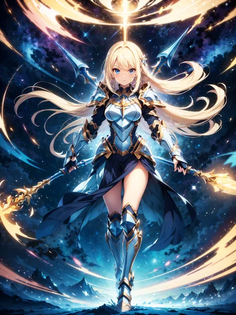 (((masterpiece, best quality, 16k))) female character with long blonde hair and bright blue eyes. she wears a celestial armor in...