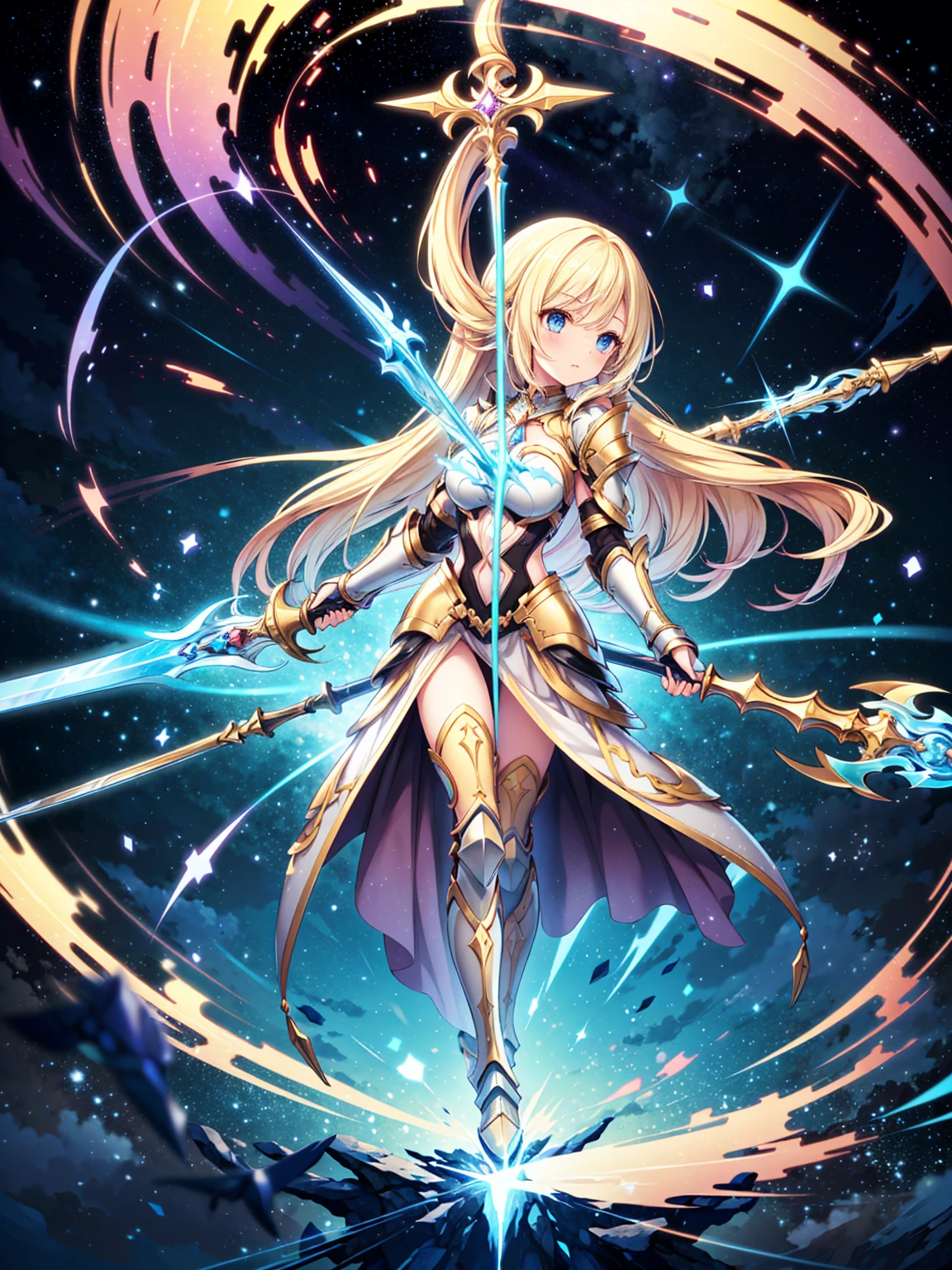 (((Masterpiece, best quality, 16k))) female character with long blonde hair and bright blue eyes. She wears a celestial armor in white, gold, and blue. wields a divine spear. The character has a determined expression, with a heavenly realm as the background. ((full body front view)). ((slender)), (extremely detailed:1.5), (long blonde hair:1.2), (bright blue eyes:1.2), (heavenly realm:1.1), (celestial armor:1.3), (divine spear:1.3).