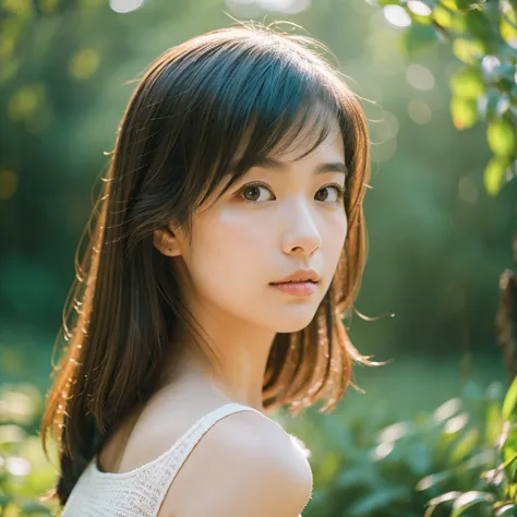 a hyper-realistic image of a single japanese woman in her early 20s, captured with the rich, nostalgic warmth and pronounced gra...