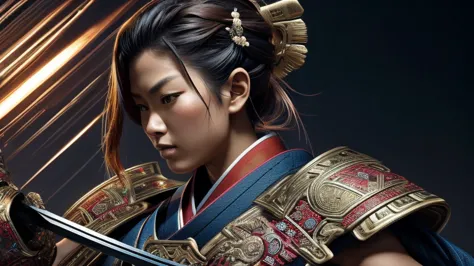 a fiercely graceful female samurai model is depicted in stunning high definition, with every detail brought to life in cinematic...