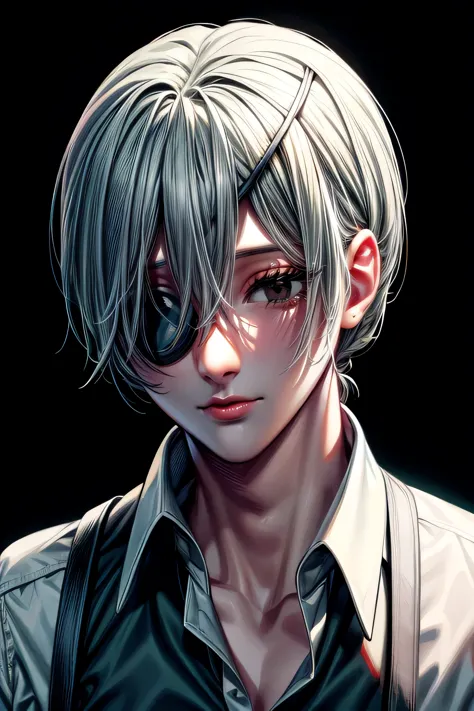 quanxi, chainsaw man ، white skin sleepy black eyes, black shirt, beautiful facial features, black eye patch, white-green hair,