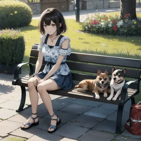 best qualityer, a woman sat on a bench , summer_don, dogs printed in the don