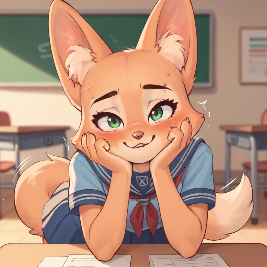 Diane Foxington, teen, kid, ginger fur, silver piercing on eyebrow, emerald eyes, school uniform, blush, shy, shaking her tail, motion blur on tail, looks at viewer, blush, indoors, alone, by diives