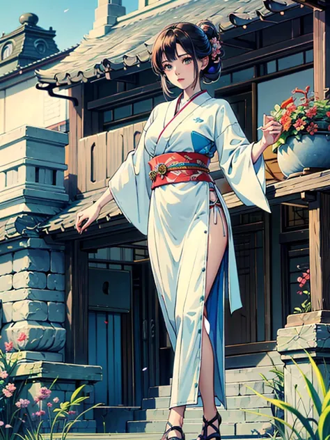 magnificent view、floating island、hanging garden、outdoor、anime、high definition、shrine maiden、holy maiden、in a garden full of bloo...