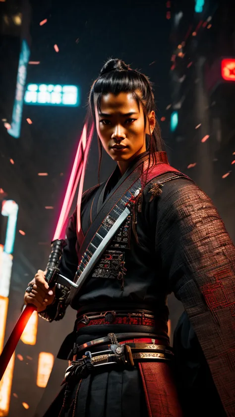 a close up of a person holding a sword in a city, very beautiful cyberpunk samurai, cyberpunk samurai, neon samurai, samurai jed...