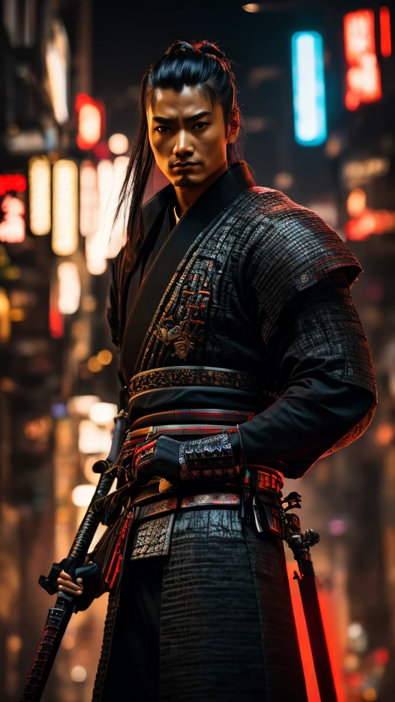 a close up of a person holding a sword in a city, very beautiful cyberpunk samurai, cyberpunk samurai, neon samurai, samurai jedi, portrait of a cyberpunk samurai, [ trending on cgsociety ]!!, sith lord. dramatic lighting, trending on artstation.', andreas rocha style, urban samurai, cyborg samurai, inspired by Kanō Hōgai