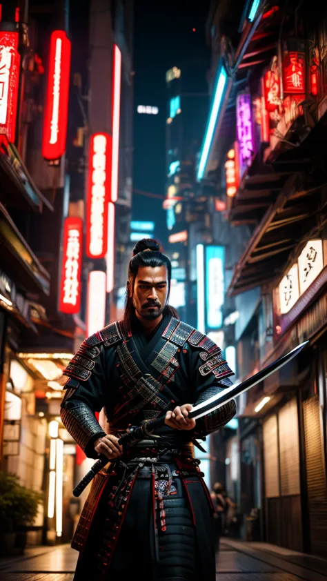 a close up of a person holding a sword in a city, very beautiful cyberpunk samurai, cyberpunk samurai, neon samurai, samurai jed...