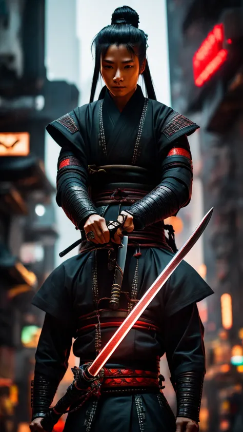 a close up of a person holding a sword in a city, very beautiful cyberpunk samurai, cyberpunk samurai, neon samurai, samurai jed...