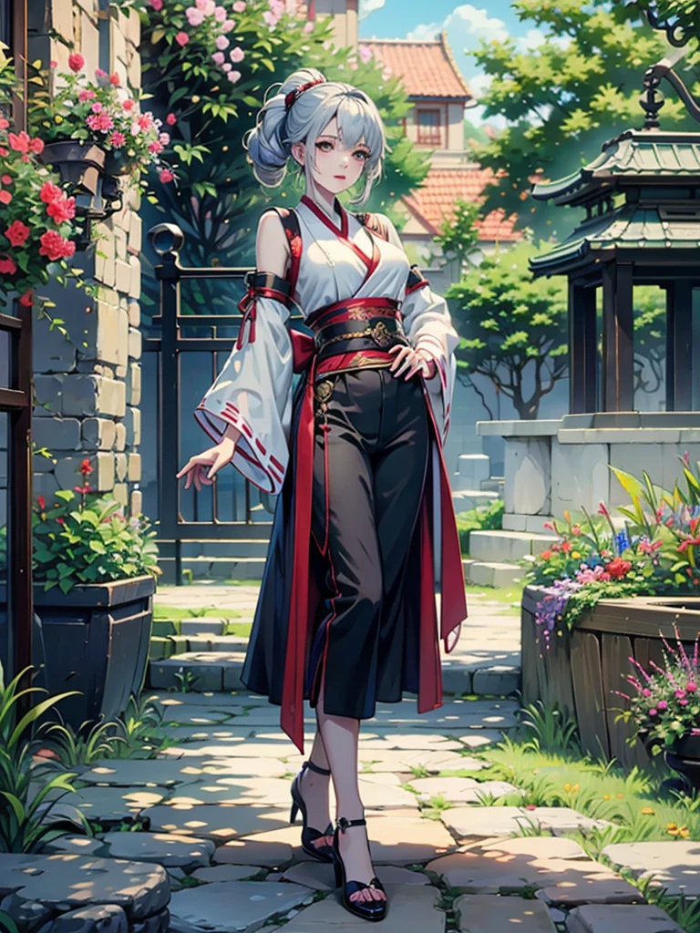 Magnificent View、Floating Island、Hanging Garden、Outdoor、anime、High definition、Miko costume、Holy Maiden、In a garden full of blooming flowers, she is spinning with her right hand stretched upwards, her left hand on her hip, and her chin raised.、Long silver hair（The top of the head is indigo blue、The ends of the hair are red.）、whole body、Jade Eyes、Dance a dance dedicated to the gods