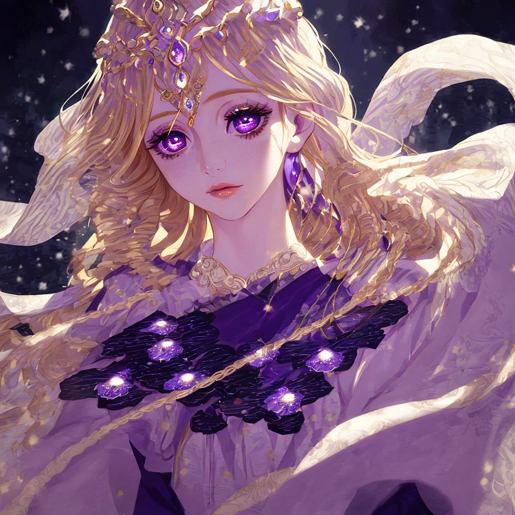 1 goddess of the moon, violet eyes, long blonde hair, masterpiece, high definition, beautiful detailed eyes, beautiful detailed lips, extremely detailed face, long eyelashes, cinematic lighting, dramatic, ethereal, glowing skin, flowing dress, detailed background, serene, magical, fantasy, dreamlike, vibrant colors, soft lighting