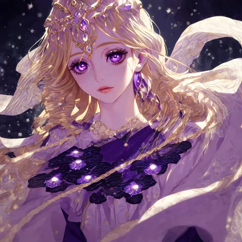 1 goddess of the moon, violet eyes, long blonde hair, masterpiece, high definition, beautiful detailed eyes, beautiful detailed ...