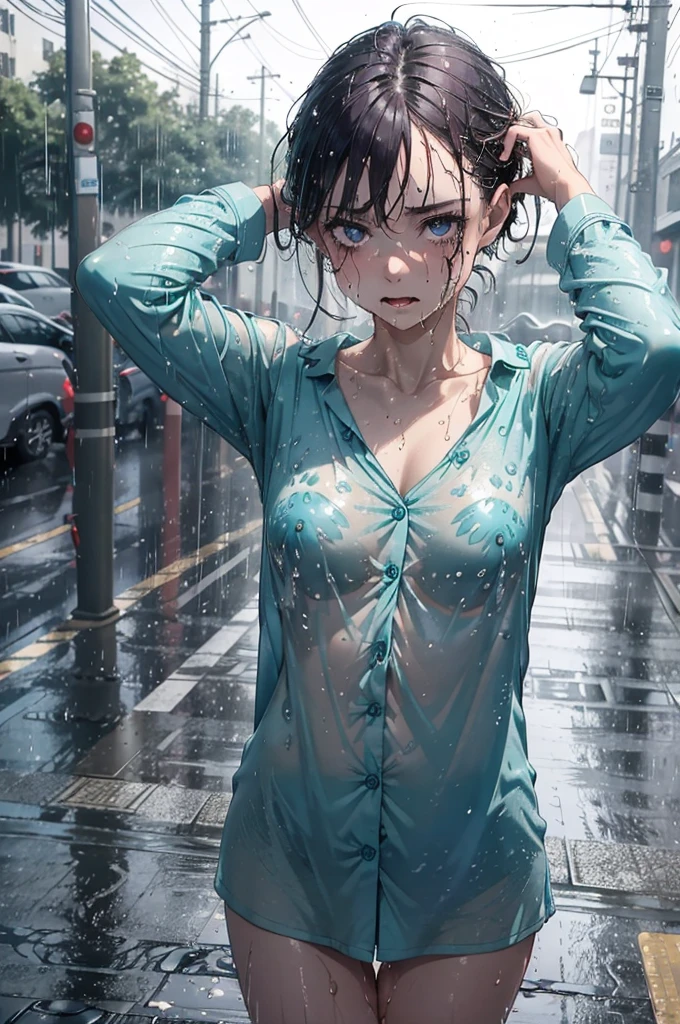 ((View from above, close up, street light, amber light, dark scene)), She is wearing absolutely nothing but her pyjama shirt, (her shirt is fully buttoned up), ((no panties)), ((Pyjamas are soaking wet)), ((Deep purple eyes, bright eyes, detailed eyes)), (((patterned pyjamas, soaking wet short hair, hair sticking to her face))), teal-coloured pyjama shirt, naked, raining heavily, pyjama top is soaking wet, her pyjama top is so wet it is sticking to her body, her eyes are purple and gorgeous, amazing purple eyes, growing purple eyes, dripping wet hair, no underwear, no pyjama bottoms, nighttime, very dark, midnight, pavement, short caramel-blonde hair, braless, no panties, bare legs, bare groin, wet breasts, small B-cup breasts, very wet, soaking wet, wet hair, wet clothes, buttoned up, flushed cheeks, red cheeks, embarrassed, depressed, crying, tears, very sad, NSFW, teal pyjama top, deep teal, dark teal, 