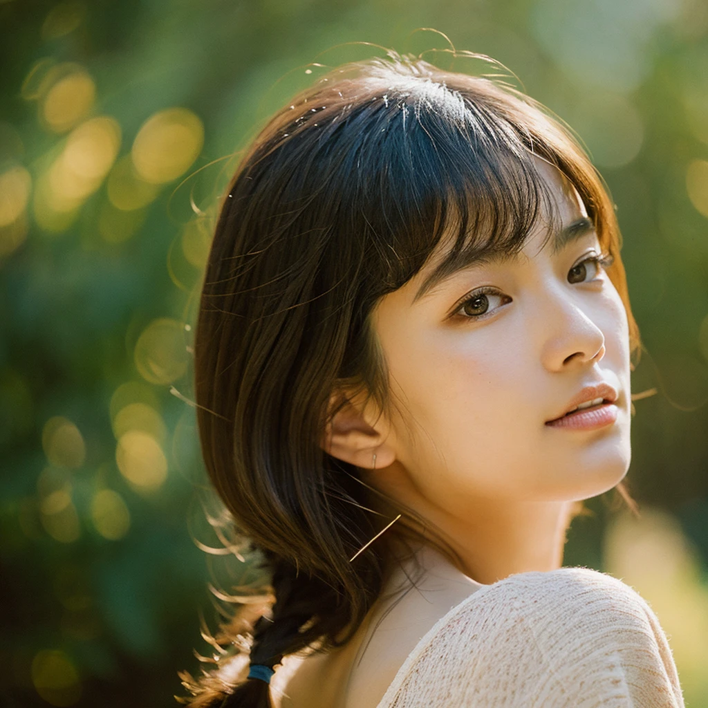 A hyper-realistic image of a single Japanese woman in her early 20s, captured with the nostalgic warmth and subtle graininess of a film camera. Her skin has a warm beige tone with a natural, slightly rough texture that includes visible pores, fine lines, and subtle imperfections such as small blemishes, adding to the authenticity of her appearance. The soft, diffused natural light enhances the film-like quality, casting gentle shadows that create a timeless, organic feel. Her straight, glossy black hair frames her face in a natural, slightly tousled manner, and her deep brown eyes reflect the ambient light, adding depth and emotion. The film camera effect introduces a slight grain and a softer focus, giving the image a warm, nostalgic atmosphere while maintaining the realistic texture of her skin. She is dressed simply, in a way that complements her natural beauty, with the overall composition designed to evoke a sense of genuine, understated elegance. The use of natural light, combined with the deliberately rougher texture of her skin and the film-like qualities, ensures that this image captures the imperfections that make her beauty truly lifelike, focusing solely on this one individual.