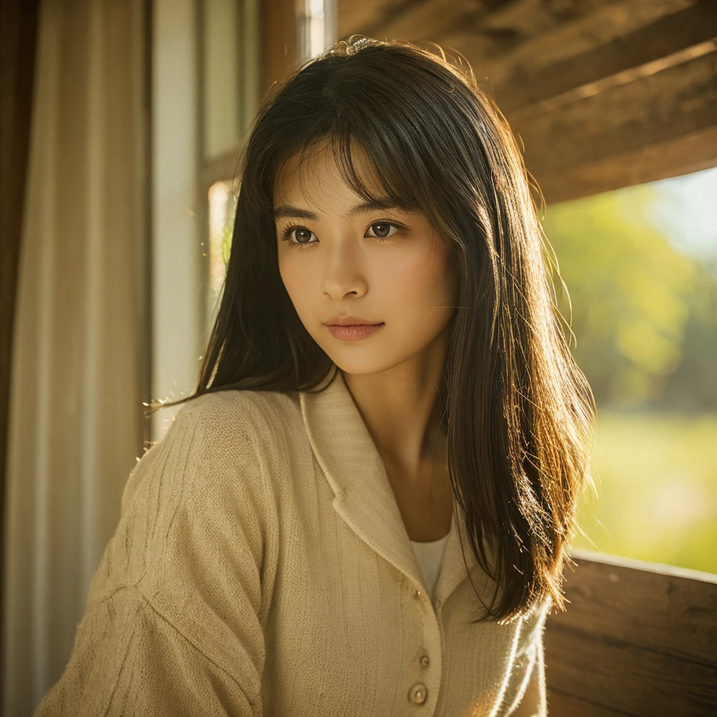 A hyper-realistic image of a single Japanese woman in her early 20s, captured with the nostalgic warmth and subtle graininess of a film camera. Her skin has a warm beige tone with a natural, slightly rough texture that includes visible pores, fine lines, and subtle imperfections such as small blemishes, adding to the authenticity of her appearance. The soft, diffused natural light enhances the film-like quality, casting gentle shadows that create a timeless, organic feel. Her straight, glossy black hair frames her face in a natural, slightly tousled manner, and her deep brown eyes reflect the ambient light, adding depth and emotion. The film camera effect introduces a slight grain and a softer focus, giving the image a warm, nostalgic atmosphere while maintaining the realistic texture of her skin. She is dressed simply, in a way that complements her natural beauty, with the overall composition designed to evoke a sense of genuine, understated elegance. The use of natural light, combined with the deliberately rougher texture of her skin and the film-like qualities, ensures that this image captures the imperfections that make her beauty truly lifelike, focusing solely on this one individual.