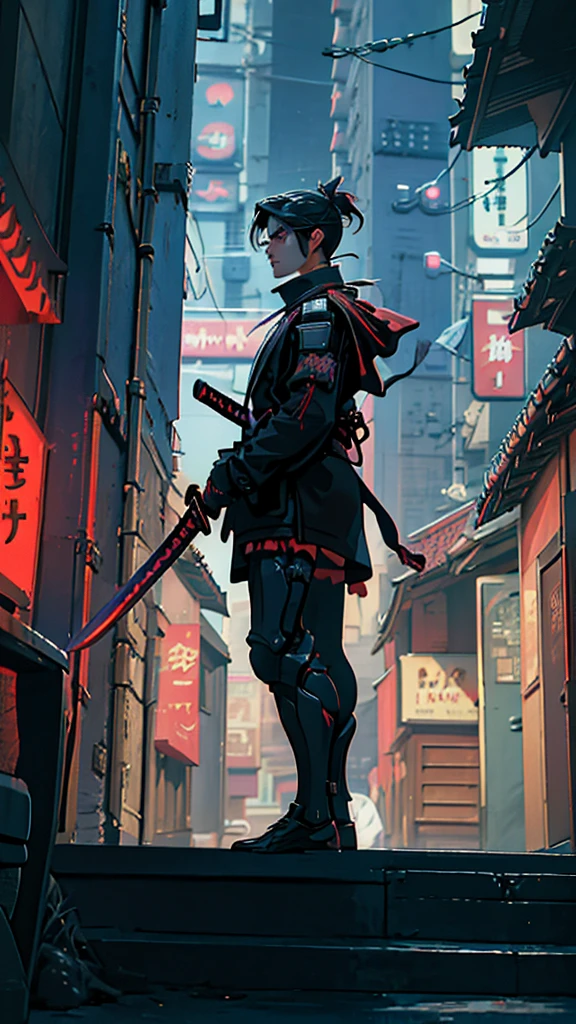 a close up of a person holding a sword in a city, very beautiful cyberpunk samurai, cyberpunk samurai, neon samurai, samurai jedi, portrait of a cyberpunk samurai, [ trending on cgsociety ]!!, sith lord. dramatic lighting, trending on artstation.', andreas rocha style, urban samurai, cyborg samurai, inspired by Kanō Hōgai