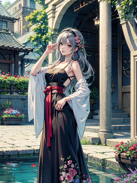 magnificent view、floating island、hanging garden、outdoor、anime、high definition、miko costume、holy maiden、in a garden full of bloom...