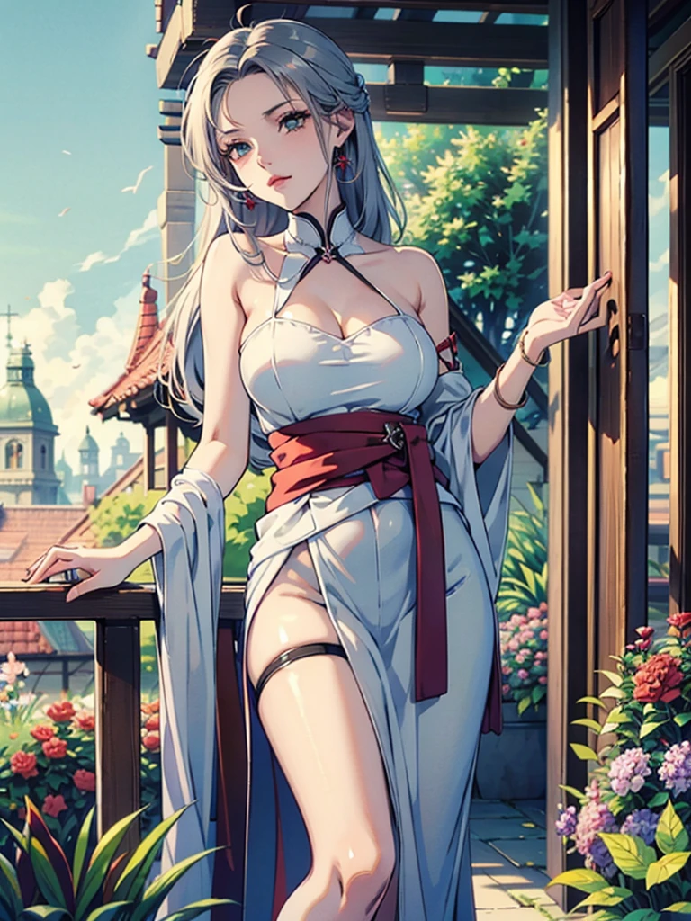 Magnificent View、Floating Island、Hanging Garden、Outdoor、anime、High definition、Miko costume、Holy Maiden、In a garden full of blooming flowers, she is spinning with her right hand stretched upwards, her left hand on her hip, and her chin raised.、Silver Hair（Long Hair、The top of the head is indigo blue、The ends of the hair are red.）、Jade Eyes