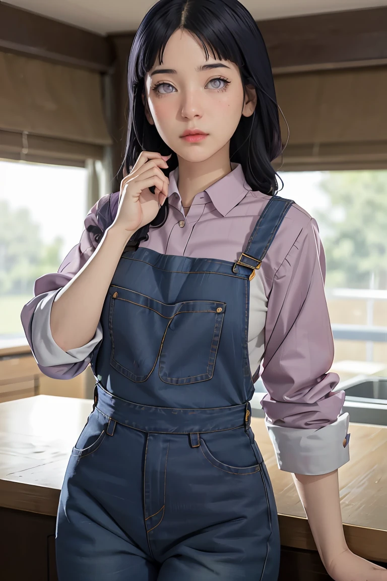 Masterpiece， best quality， Very detailed， illustration，1 girl，
， dark blue hair， french braid， purple eyes， smooth, blunt， rift,
shirt，（Jeans overalls set 1.1），shirtสเวตเตอร์สีม่วงอกกลาง， 
look at viewer，Hyuga/（Boruto/），detailed lips