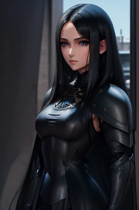 black armor knight, pale, woman, long straight black hair, blue eyes, black armor, detailed background, adult