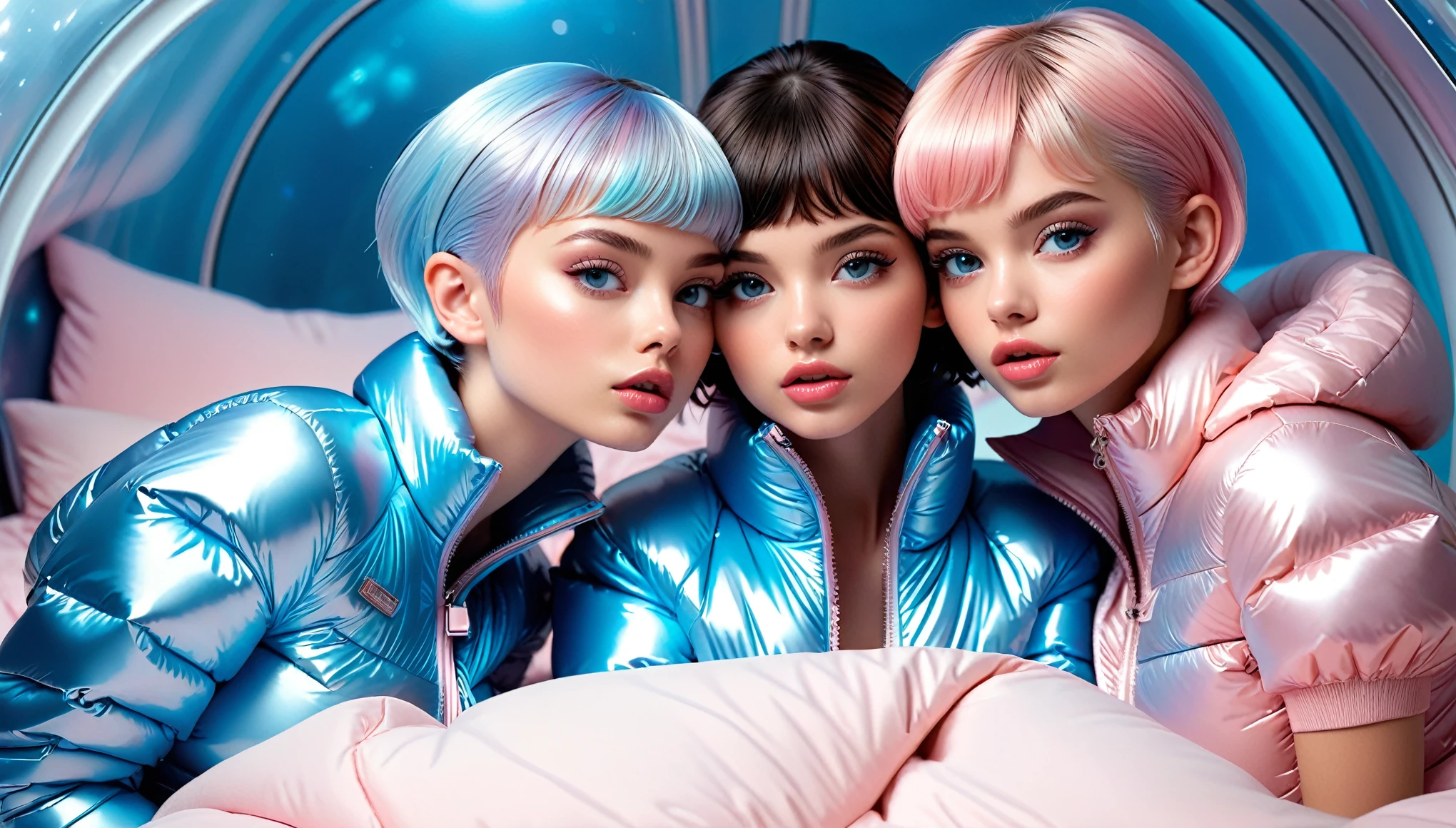 Masterpiece, Best Quality, ((2 cute girls kissing in a light pink blue open shiny puffer, short sleeves, small perky breasts, extremely detailed face, beautiful detailed slightly open eyes, beautiful detailed lips, pixie side shaved hair, small hips, in a spaceship, on bed, ultra wide view))