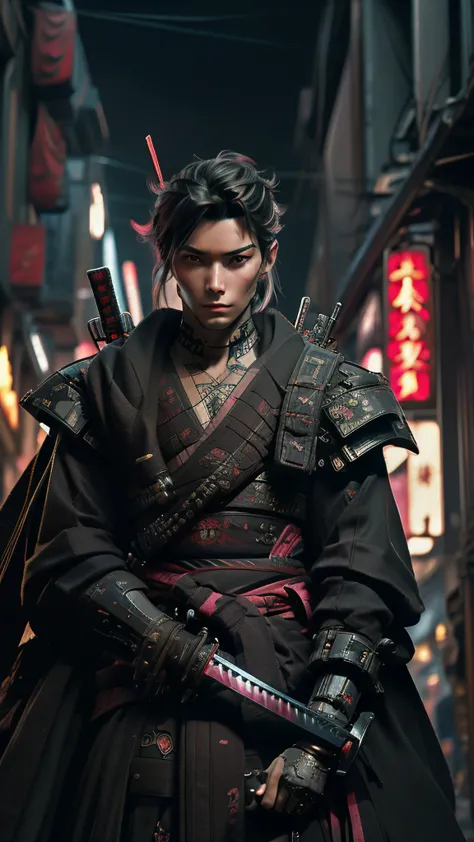 a close up of a person holding a sword in a city, very beautiful cyberpunk samurai, cyberpunk samurai, neon samurai, samurai jed...