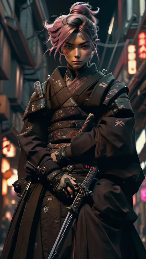 a close up of a person holding a sword in a city, very beautiful cyberpunk samurai, cyberpunk samurai, neon samurai, samurai jed...