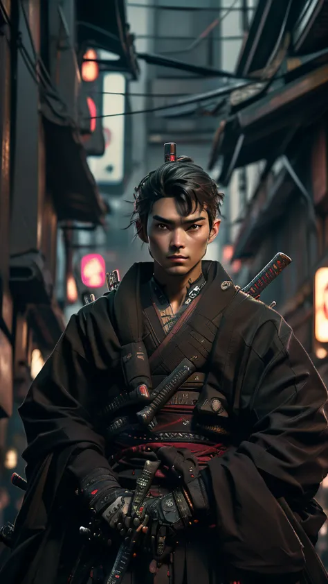 a close up of a person holding a sword in a city, very beautiful cyberpunk samurai, cyberpunk samurai, neon samurai, samurai jed...