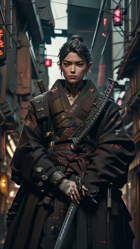 a close up of a person holding a sword in a city, very beautiful cyberpunk samurai, cyberpunk samurai, neon samurai, samurai jed...