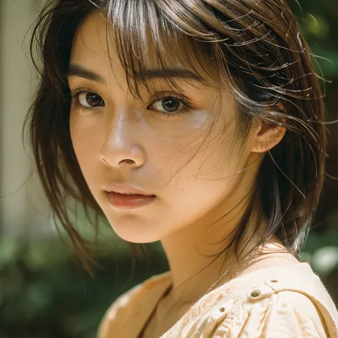 a hyper-realistic image of a single japanese woman in her early 20s, captured with the nostalgic warmth and subtle graininess of...