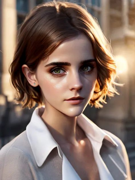 (work of art, best qualityer:1.3),face of emma watson beautiful woman with short hair, urban landscape, morning, quiet and peace...