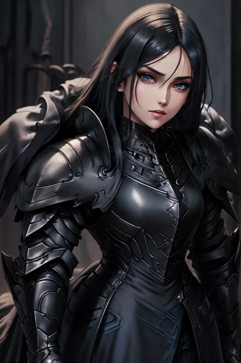 black armor knight, pale, woman, long straight black hair, blue eyes, black armor, adult