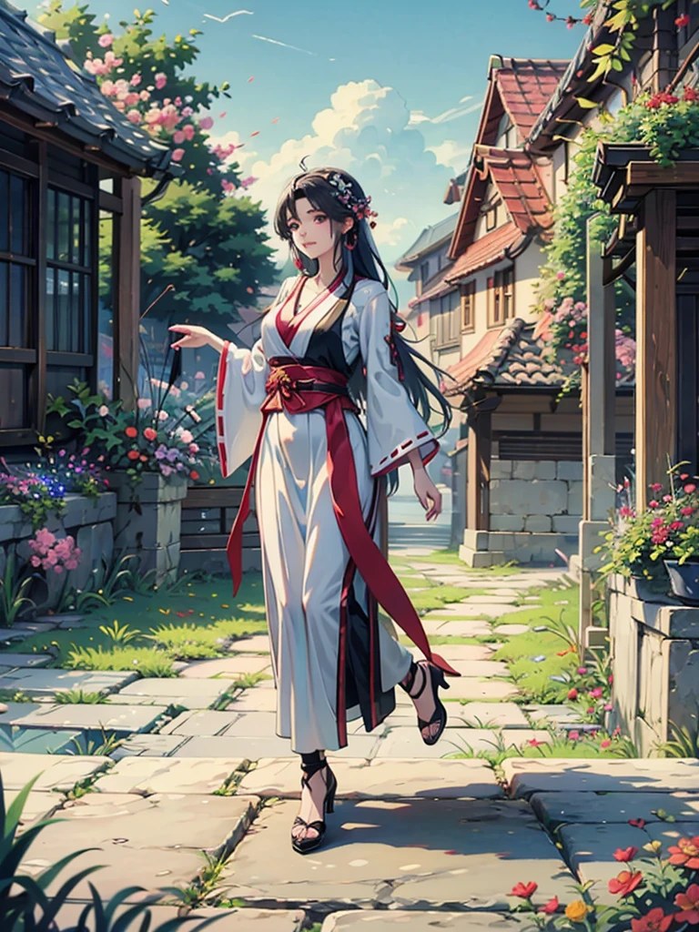 Magnificent View、Floating Island、Hanging Garden、Outdoor、Vision、anime、High definition、Miko costume、Holy Maiden、Dancing and spinning in a garden full of blooming flowers、Silver Hair（Long Hair、The top of the head is indigo blue、The ends of the hair are red.）、Jade Eyes