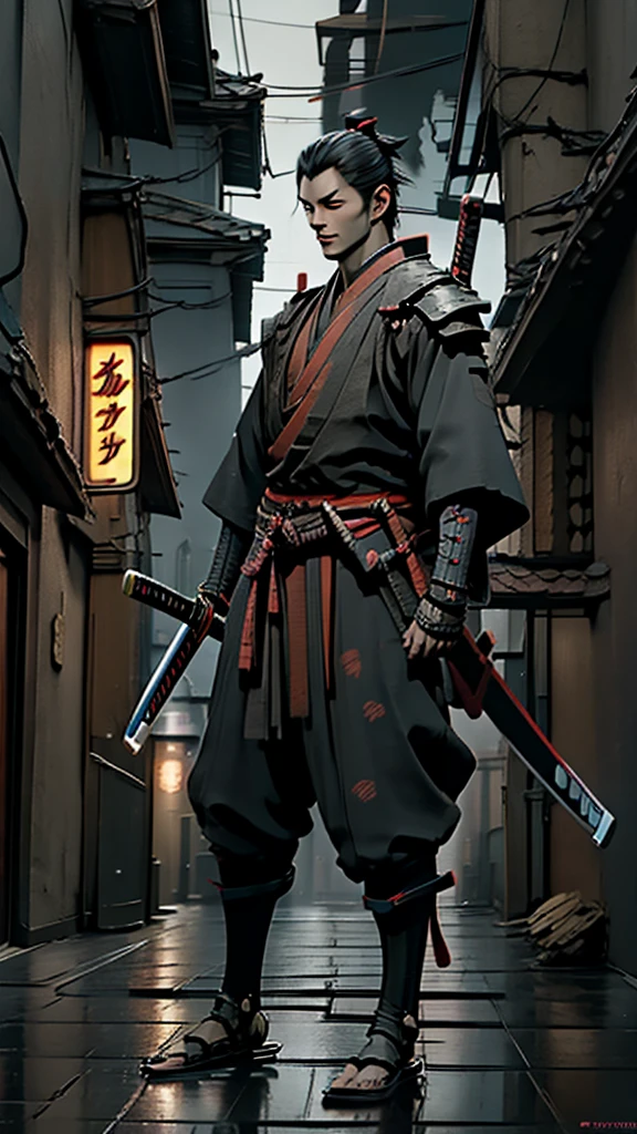 a close up of a person holding a katana in a city, very beautiful cyberpunk samurai, cyberpunk samurai, neon samurai, samurai jedi, full body of a cyberpunk samurai, [ trending on cgsociety ]!!, sith lord. dramatic lighting, trending on artstation.', andreas rocha style, urban samurai, cyborg samurai, inspired by Kanō Hōgai, posed