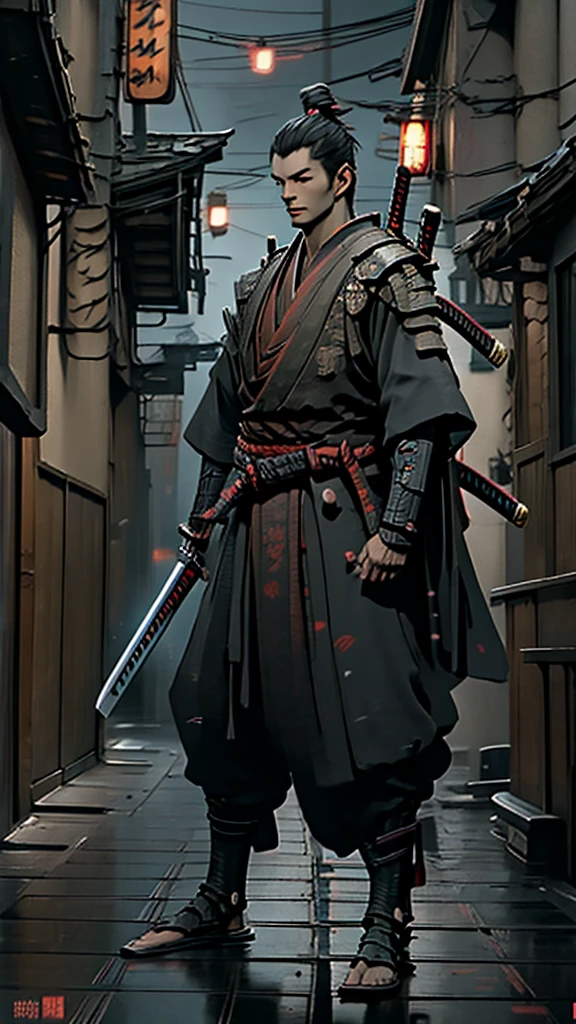 a close up of a person holding a katana in a city, very beautiful cyberpunk samurai, cyberpunk samurai, neon samurai, samurai jedi, full body of a cyberpunk samurai, [ trending on cgsociety ]!!, sith lord. dramatic lighting, trending on artstation.', andreas rocha style, urban samurai, cyborg samurai, inspired by Kanō Hōgai, posed