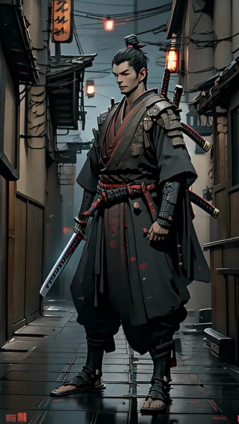 a close up of a person holding a katana in a city, very beautiful cyberpunk samurai, cyberpunk samurai, neon samurai, samurai je...