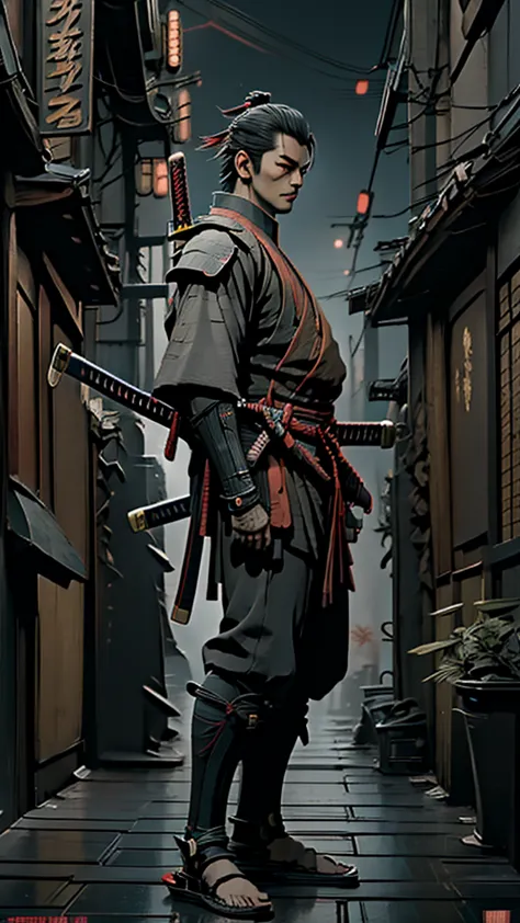 a close up of a person holding a katana in a city, very beautiful cyberpunk samurai, cyberpunk samurai, neon samurai, samurai je...