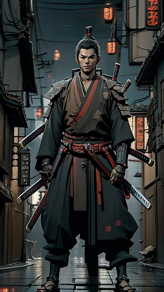 a close up of a person holding a katana in a city, very beautiful cyberpunk samurai, cyberpunk samurai, neon samurai, samurai jedi, full body of a cyberpunk samurai, [ trending on cgsociety ]!!, sith lord. dramatic lighting, trending on artstation.', andreas rocha style, urban samurai, cyborg samurai, inspired by Kanō Hōgai, posed