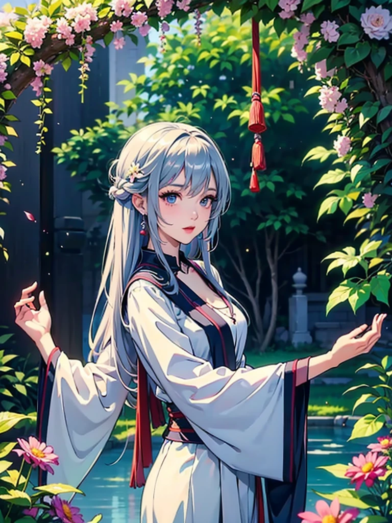 Magnificent View、Floating Island、Hanging Garden、Outdoor、Vision、anime、High definition、Miko costume、Holy Maiden、Dancing and spinning in a garden full of blooming flowers、Silver Hair（Long Hair、The top of the head is indigo blue、The ends of the hair are red.）、Jade Eyes