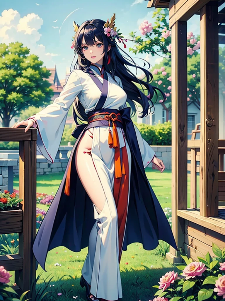 Magnificent View、Floating Island、Hanging Garden、Outdoor、Vision、anime、High definition、Miko costume、Holy Maiden、Dancing and spinning in a garden full of blooming flowers、Silver Hair（Long Hair、The top of the head is indigo blue、The ends of the hair are red.）、Jade Eyes