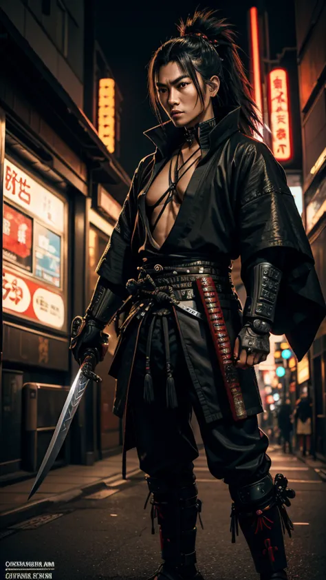 a close up of a person holding a katana in a city, very beautiful cyberpunk samurai, cyberpunk samurai, neon samurai, samurai je...